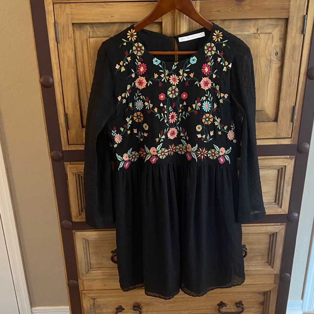 Zara Black Dress with Colorful Floral Embroidery